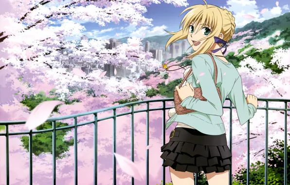 Girl, the city, Sakura, railings, handbag, saber, fate stay night