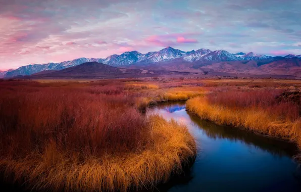 Grass, landscape, mountains, nature, river, dawn