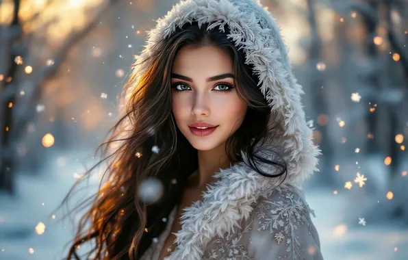 Winter, forest, look, girl, light, snow, trees, face