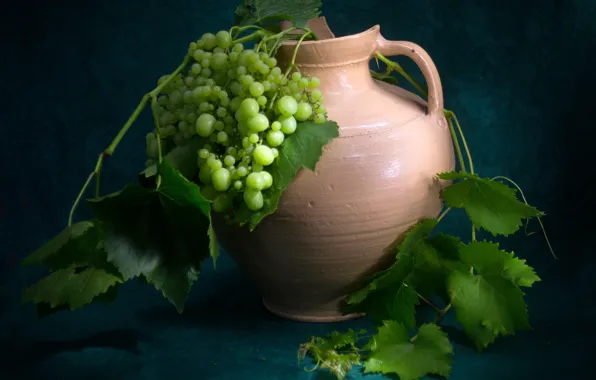 Greens, leaves, background, grapes, pitcher