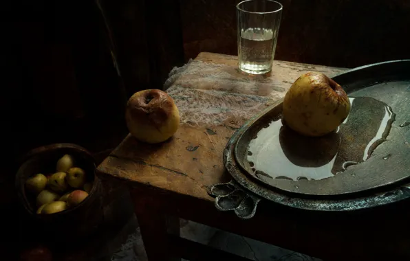 Glass, table, apples, still life, tray
