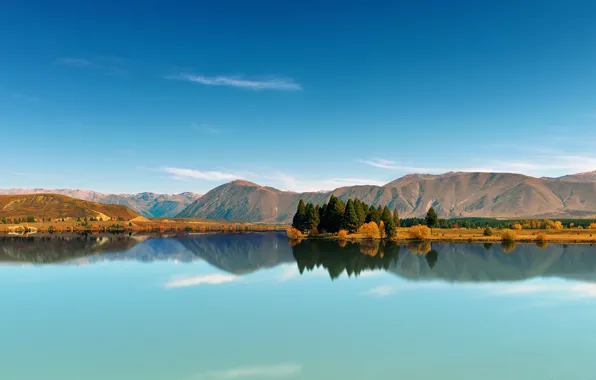 The sky, trees, mountains, lake, reflection