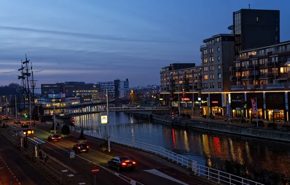 Picture photo, Home, The evening, Bridge, The city, Road, Netherlands, Alkmaar