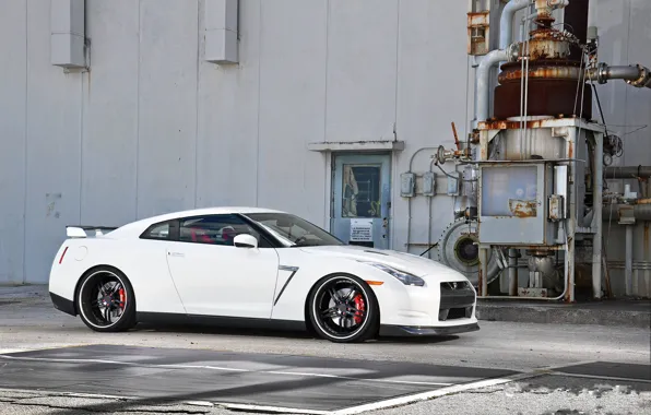 Wallpaper the building, drives, white, white, nissan, r35, black, side ...