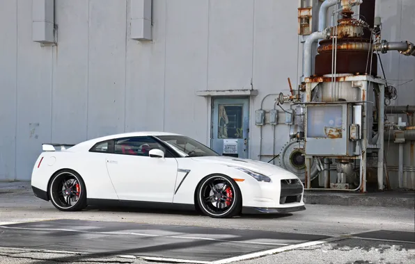 Picture white, black, the building, nissan, white, drives, side view, gtr