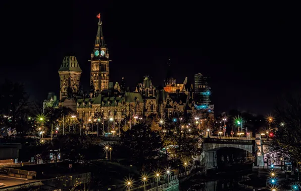 Night, lights, tower, Canada, Ottawa