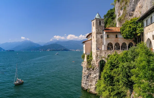 Rock, lake, Italy, Church, Maggiore, Piedmont