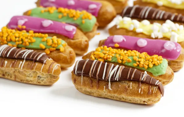 Picture cakes, glaze, eclairs