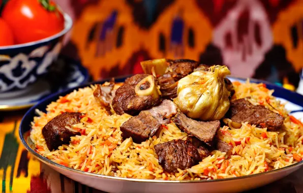 Food, bow, meat, figure, tomato, carrots, dish, Uzbek dish