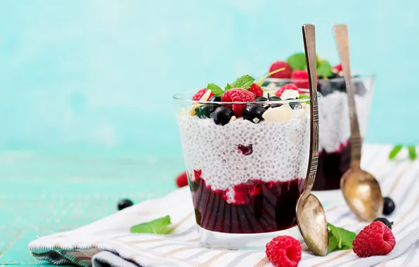 Breakfast, glasses, spoon, pudding, Chia, Timolina