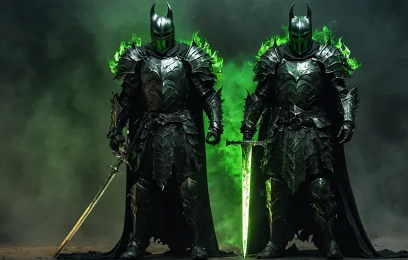 Magic, armor, swords, two, knights, hats