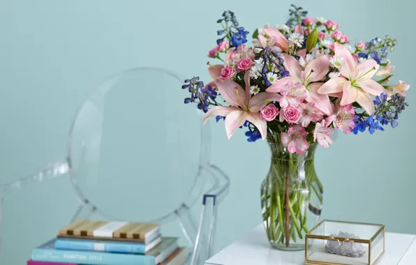 Picture flowers, Lily, roses, chamomile, bouquet, book, vase