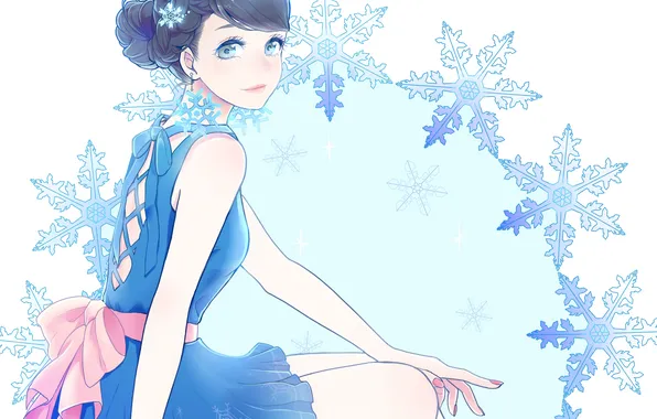 Picture girl, snowflakes, dress, art, sitting, setsuko, sekkisei
