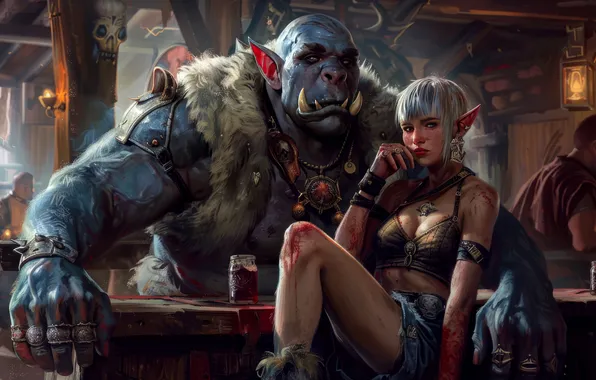 Look, girl, blood, fantasy, Orc, tavern