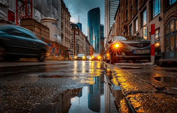 Road, auto, machine, street, building, home, Germany, puddles