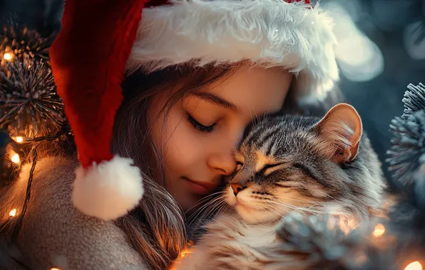 Cat, cat, Christmas, girl, New year, weasel, Maiden, needles