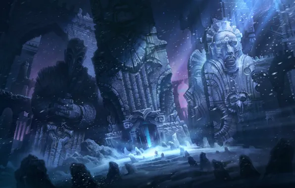 Picture snow, night, stones, people, ruins, Blizzard, HP Lovecraft, illustration to the book