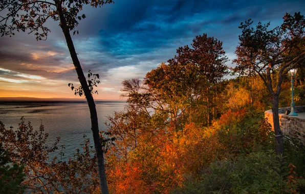 Autumn, the sky, the sun, clouds, trees, river, the evening, Canada
