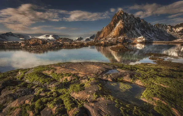 Mountains, lake, Norway, The Lofoten Islands, Lofoten Islands