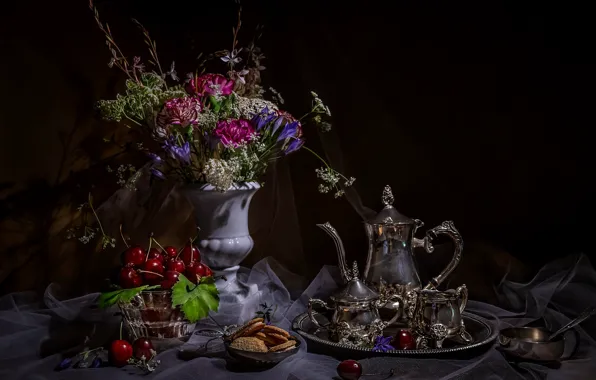 Flowers, metal, cherry, berries, the dark background, table, bouquet, kettle