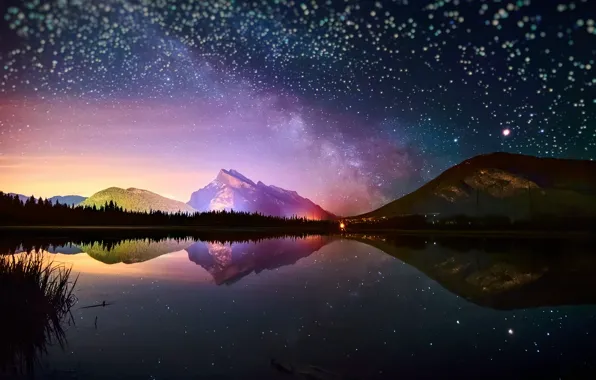 The sky, stars, light, reflection, mountains, night, lake, mountain