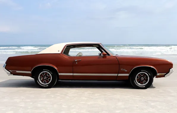 Picture beach, 1971, muscle car, beach, side, muscle car, florida, oldsmobile