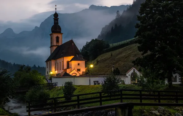 Landscape, mountains, fog, river, Austria, lighting, lights, Church