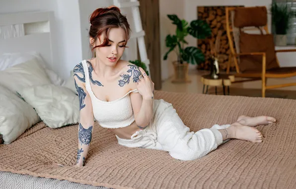 Picture pillow, Mike, brunette, tattoo, bed, pajamas, Alenagzhel