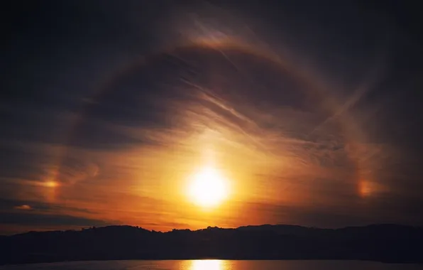 The sky, the sun, sunset, lake, dawn, beauty, round