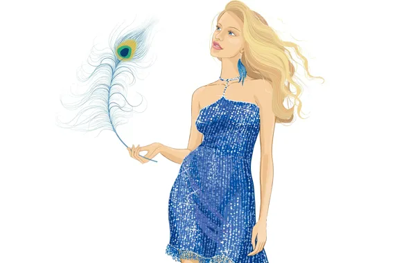 Picture look, girl, style, vector, dress, peacock feather