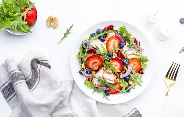 Greens, berries, table, food, towel, bow, blueberries, strawberry