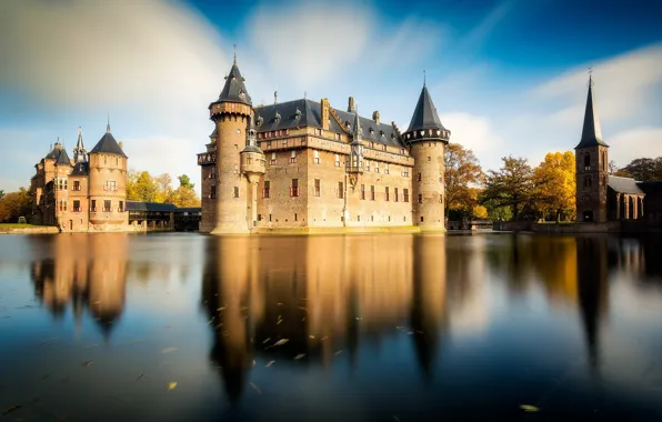 Lake, pond, reflection, tower, Netherlands, castle De Haar