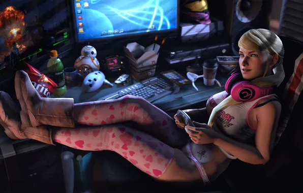 Chest, girl, table, feet, the game, headphones, blonde, monitor