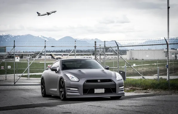 The plane, nissan, the airfield, the rise, Nissan, gt-r, r35, matte black