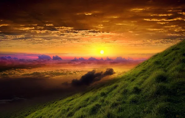 Picture clouds, sunset, green hill