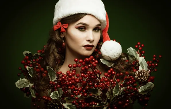 Look, girl, face, berries, background, makeup, Christmas, cap
