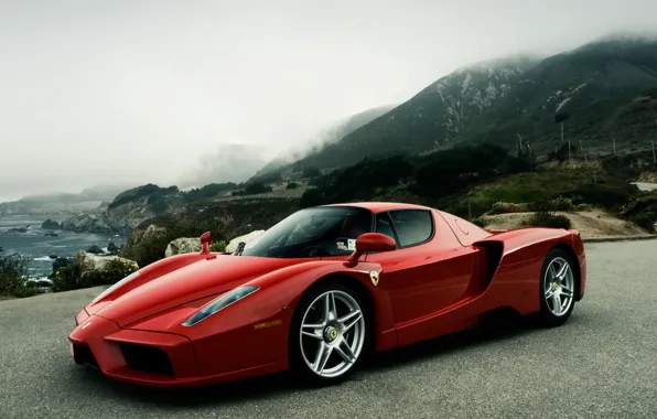 Picture auto, mountains, fog, car, sports, ferrari, Ferrari, red