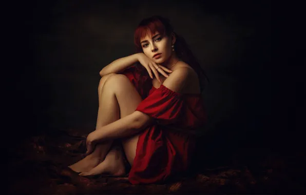Wallpaper girl, red dress, sitting