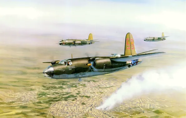 War, art, airplane, painting, aviation, ww2, Martin B-26 Marauder, bomberr