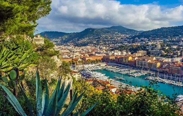 Mountains, France, building, home, Bay, yachts, port, panorama