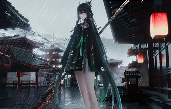 Rain, street, brunette, lights, staff, rain, beautiful girl, street