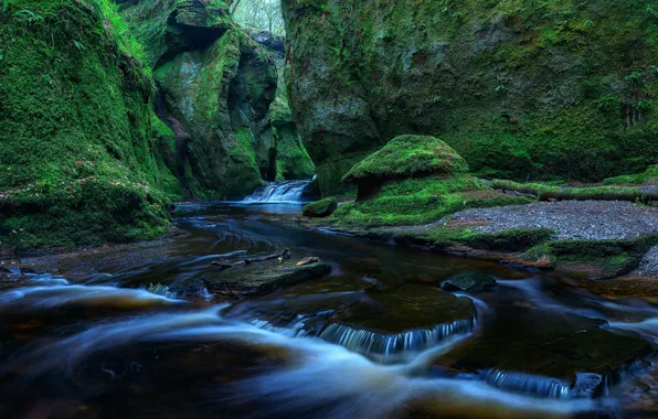 Picture greens, stream, stones, rocks, for, moss, Scotland, cascade