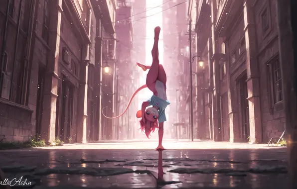 Digital art, acrobatics, digital art, great mood, head over heels, city street, AI art, Stability …
