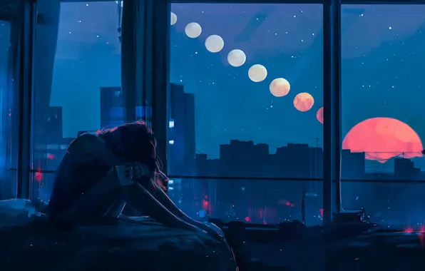 Girl, Night, Figure, The moon, Windows, Alena Aenam The, by Alena Aenami, Aenami Art