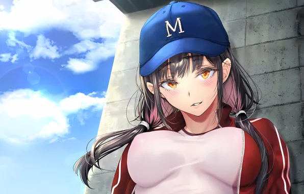 Girl, sexy, sky, long hair, brown hair, boobs, anime, beautiful