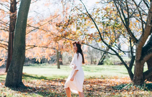 Trees, Park, dress, brunette, wreath