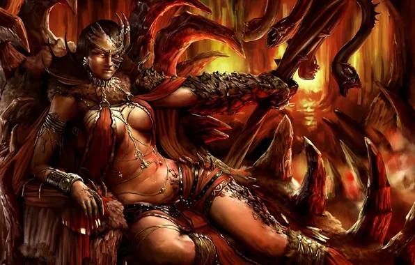 Picture snakes, monster, armor, scales, mouth, fangs, cave, demoness