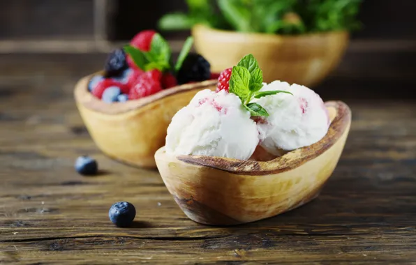 Picture berries, ice cream, mint, dessert, wood, Oxana Denezhkina