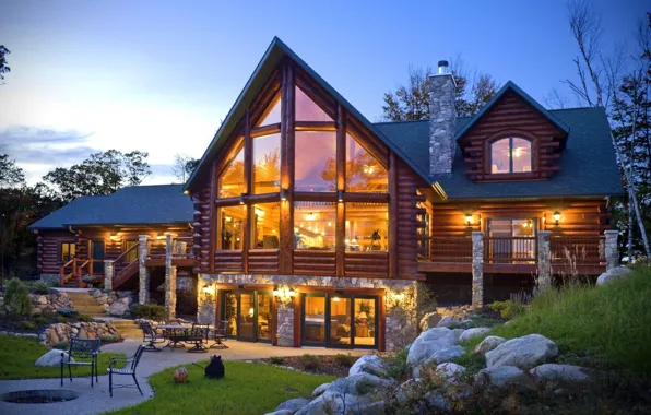 The evening, House, Table, Stones, Light, Windows, Chairs