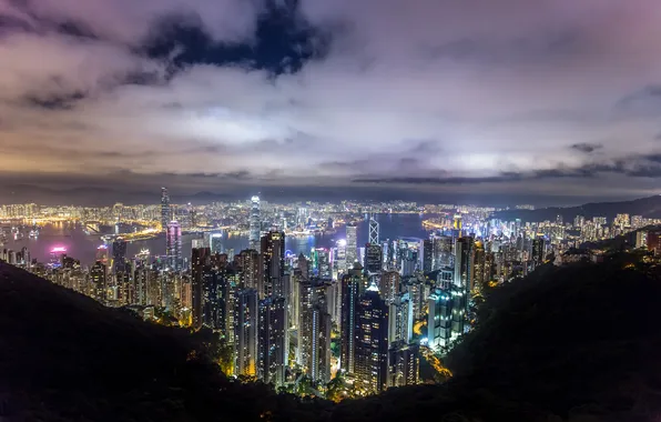 The sky, clouds, mountains, night, the city, lights, fog, hills